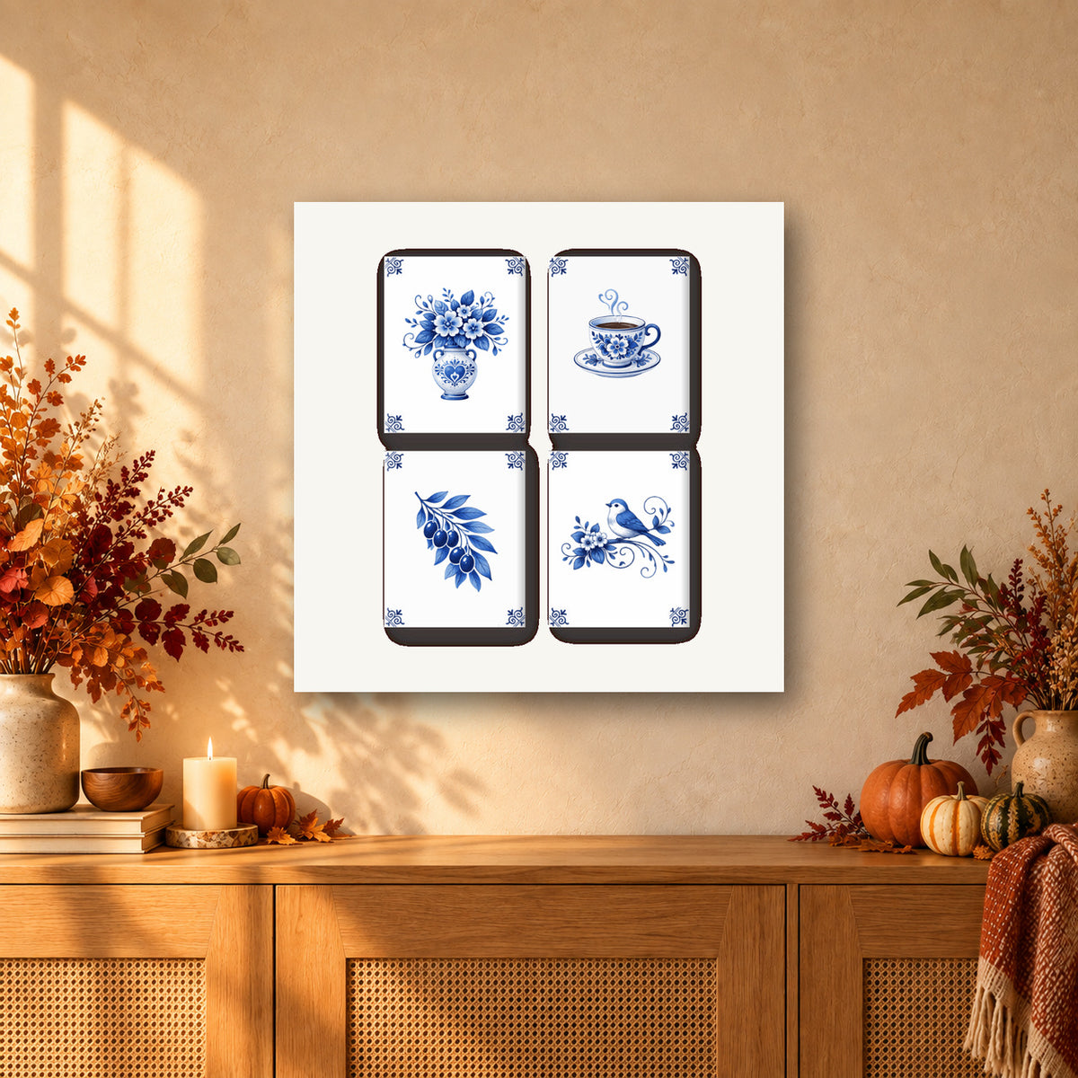 Coffret de 4 peintures par numéro Bleu de Delft, mini-toiles présentées au mur, Maison Artsen