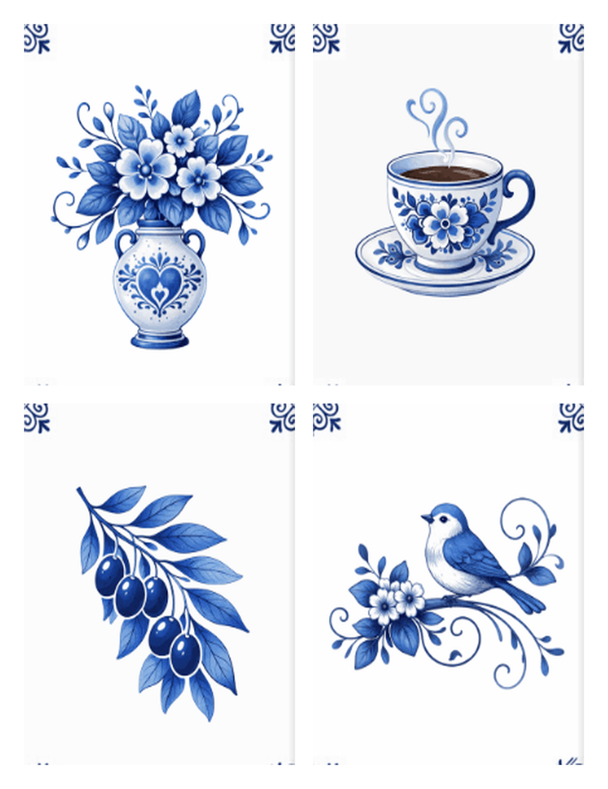 Coffret de 4 peintures par numéro Bleu de Delft, les mini-toiles à plat, Maison Artsen