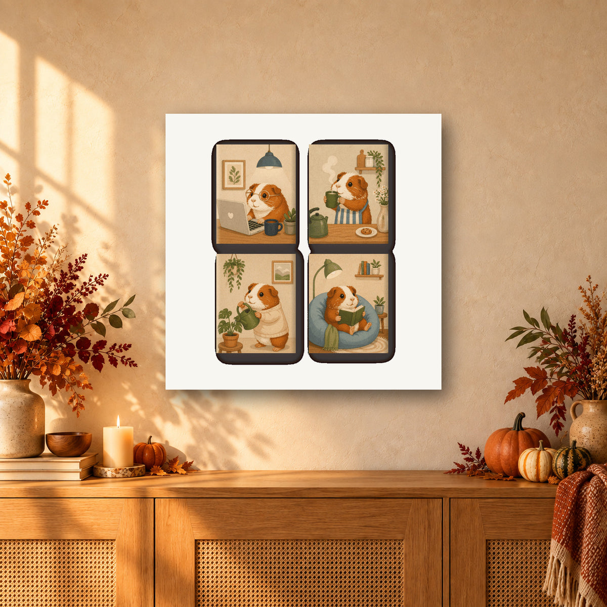 Coffret de 4 peintures par numéro Cochons d'Inde au Chaud, mini-toiles présentées au mur, Maison Artsen