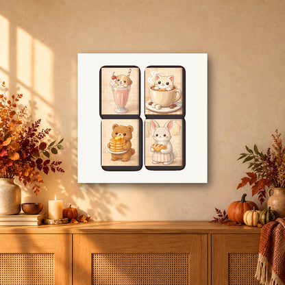 Coffret de 4 peintures par numéro Animaux Gourmands, mini-toiles présentées au mur, Maison Artsen