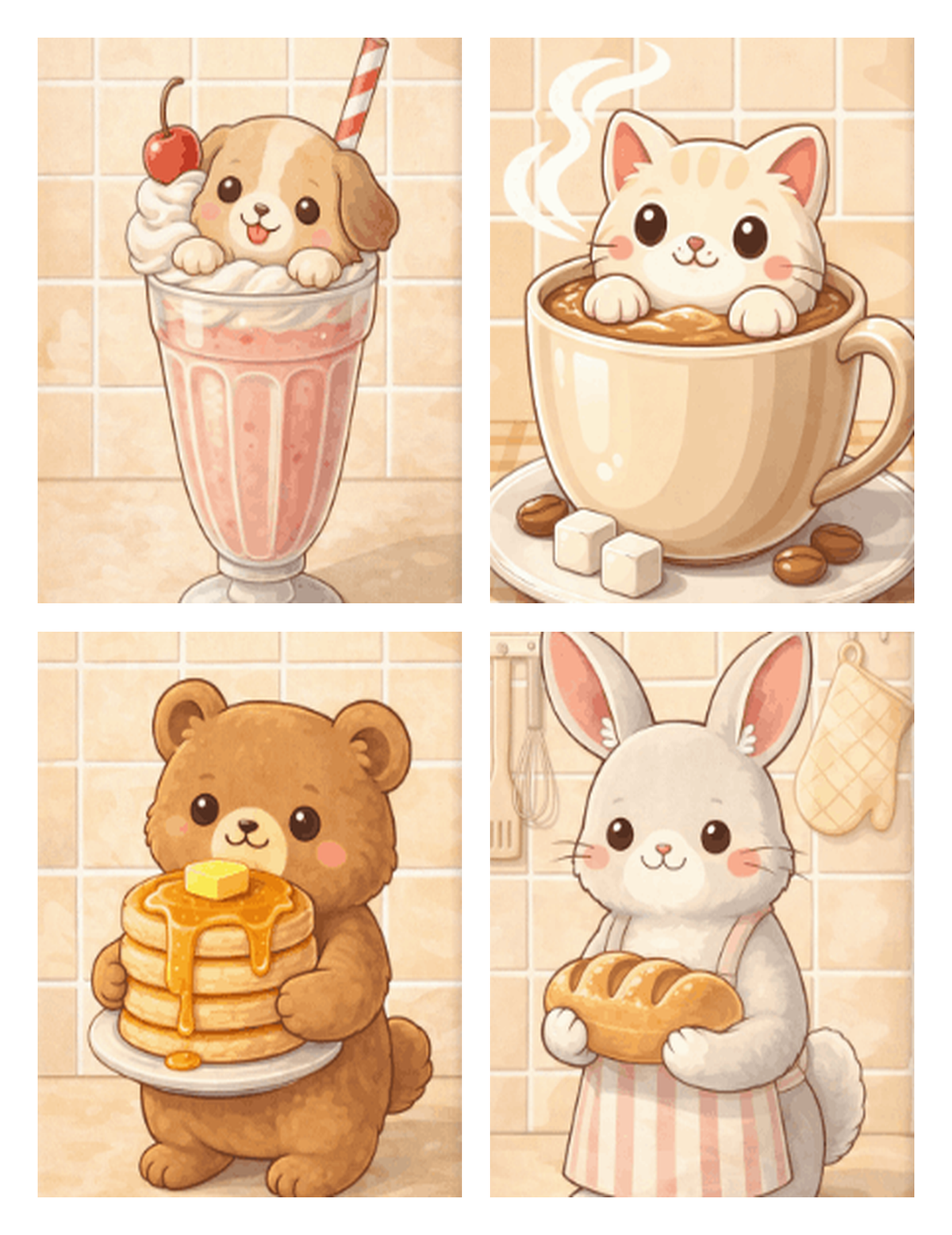Coffret de 4 peintures par numéro Animaux Gourmands, les mini-toiles à plat, Maison Artsen