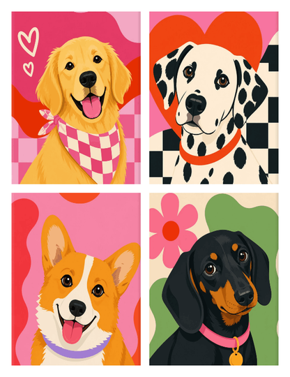 Coffret de 4 peintures par numéro Chiens Colorés, les mini-toiles à plat, Maison Artsen