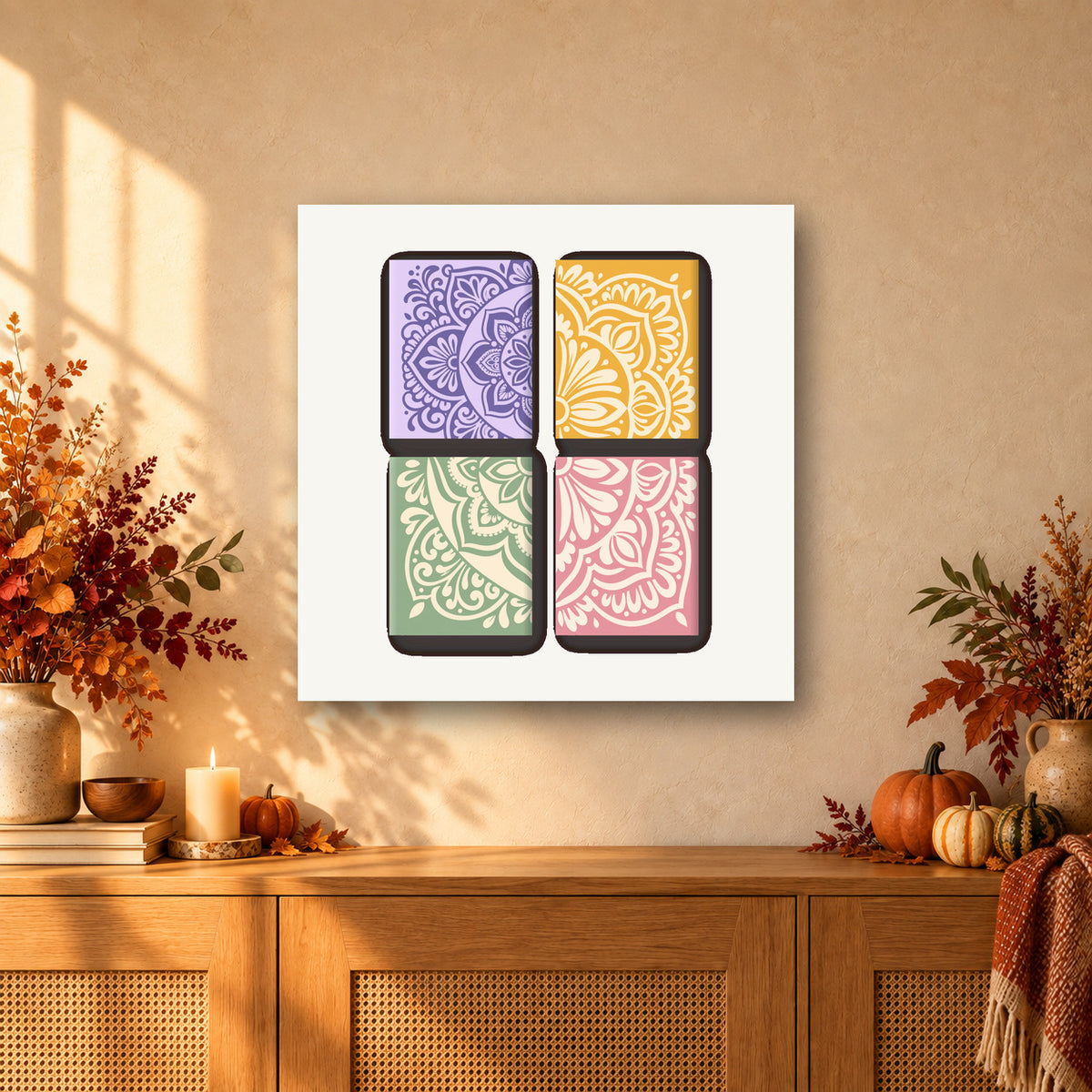 Coffret de 4 peintures par numéro Mandalas Doux, mini-toiles présentées au mur, Maison Artsen