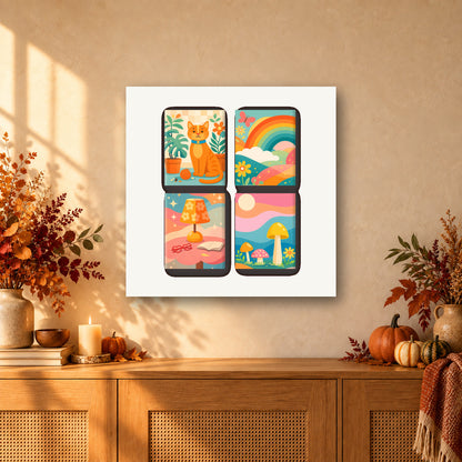 Coffret de 4 peintures par numéro Arc-en-Ciel Rétro, mini-toiles présentées au mur, Maison Artsen