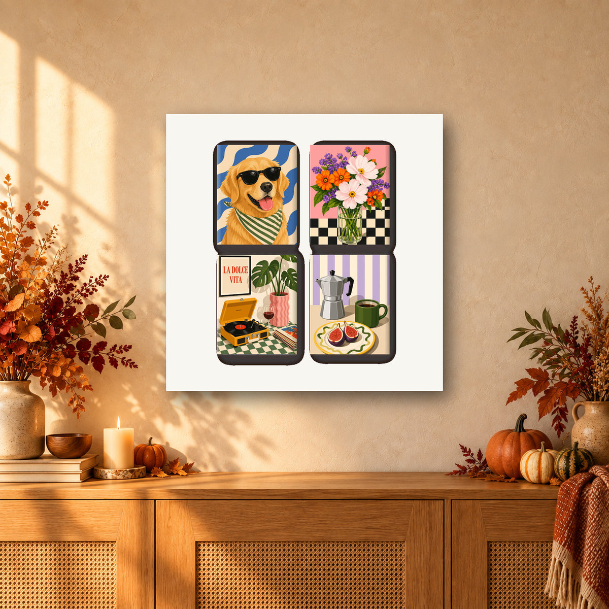 Coffret de 4 peintures par numéro Petits Plaisirs du Quotidien, mini-toiles présentées au mur, Maison Artsen