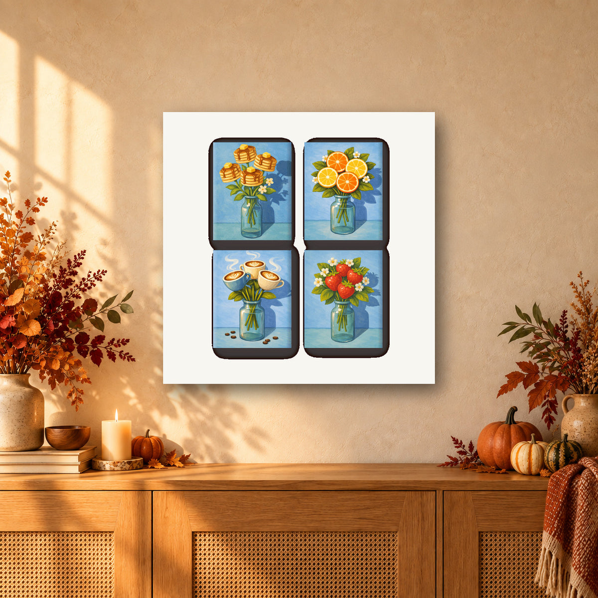 Coffret de 4 peintures par numéro Bouquets Gourmands, mini-toiles présentées au mur, Maison Artsen