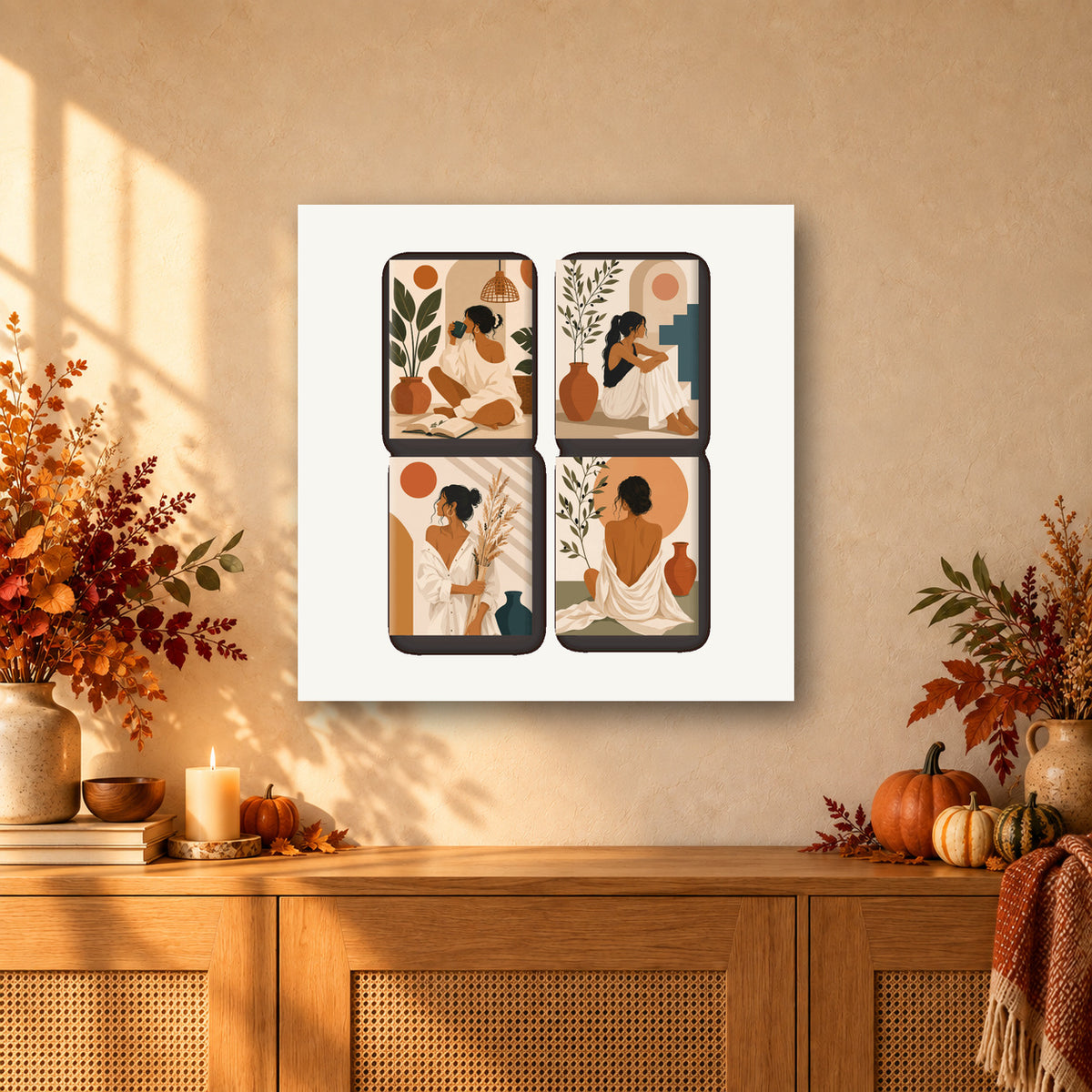 Coffret de 4 peintures par numéro Instants Bohèmes, mini-toiles présentées au mur, Maison Artsen