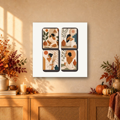 Coffret de 4 peintures par numéro Instants Bohèmes, mini-toiles présentées au mur, Maison Artsen