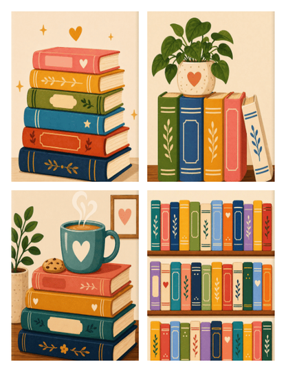 Coffret de 4 peintures par numéro Livres Colorés, les mini-toiles à plat, Maison Artsen