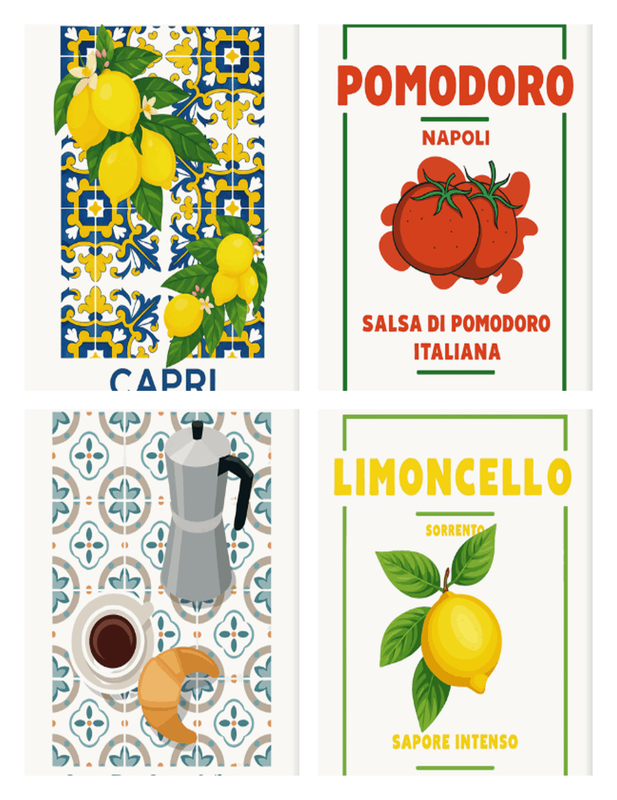 Coffret de 4 peintures par numéro Affiches d'Épicerie Italienne, les mini-toiles à plat, Maison Artsen