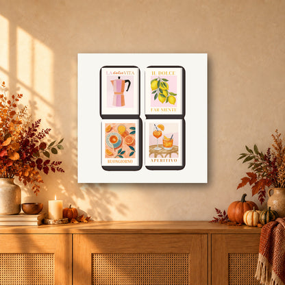 Coffret de 4 peintures par numéro Moka, Citrons et Spritz, mini-toiles présentées au mur, Maison Artsen