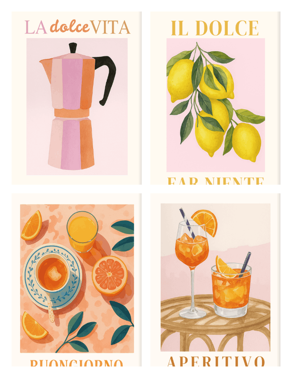 Coffret de 4 peintures par numéro Moka, Citrons et Spritz, les mini-toiles à plat, Maison Artsen