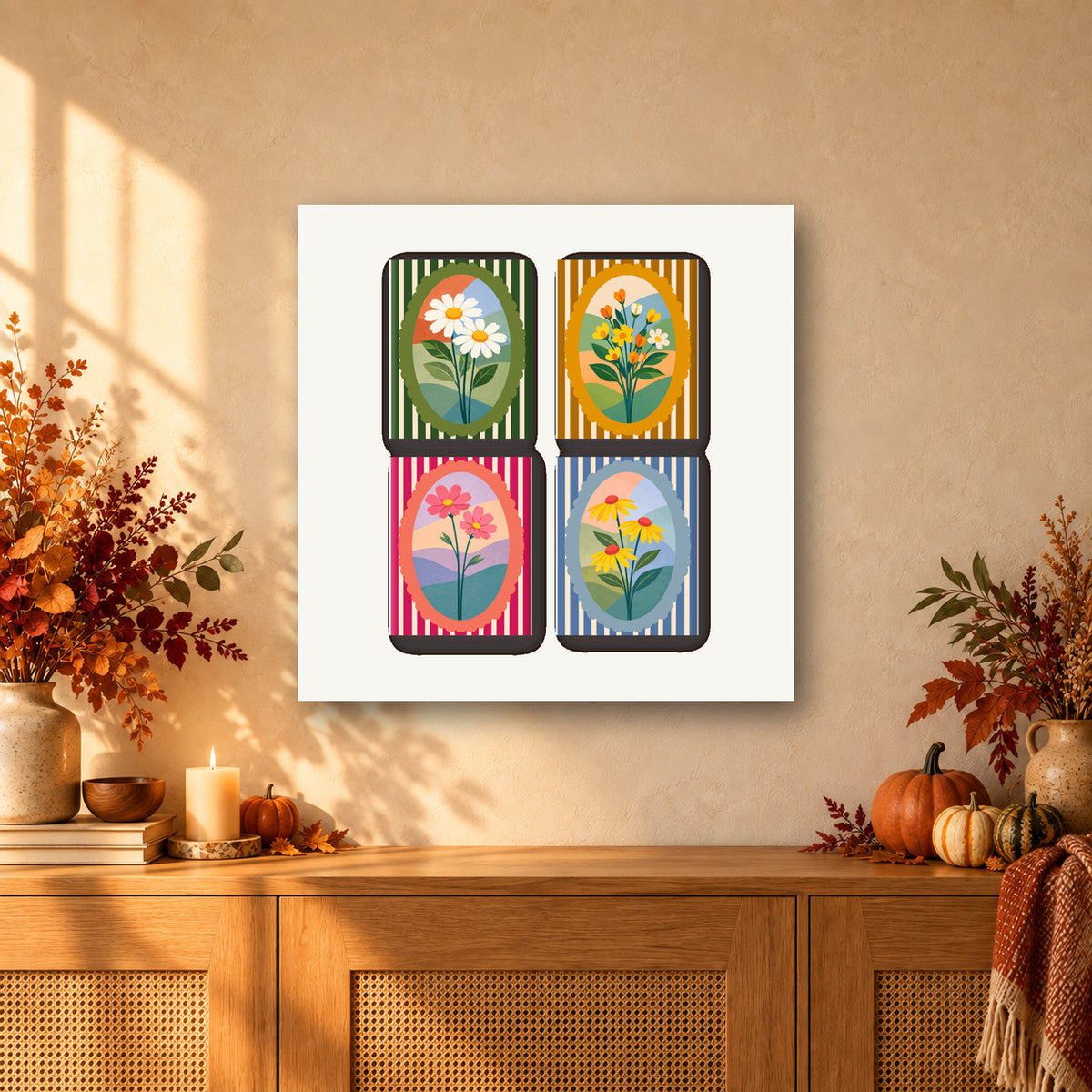 Coffret de 4 peintures par numéro Fleurs Graphiques, mini-toiles présentées au mur, Maison Artsen