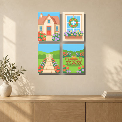 Coffret de 4 peintures par numéro Bienvenue au Cottage, mini-toiles présentées au mur, Maison Artsen