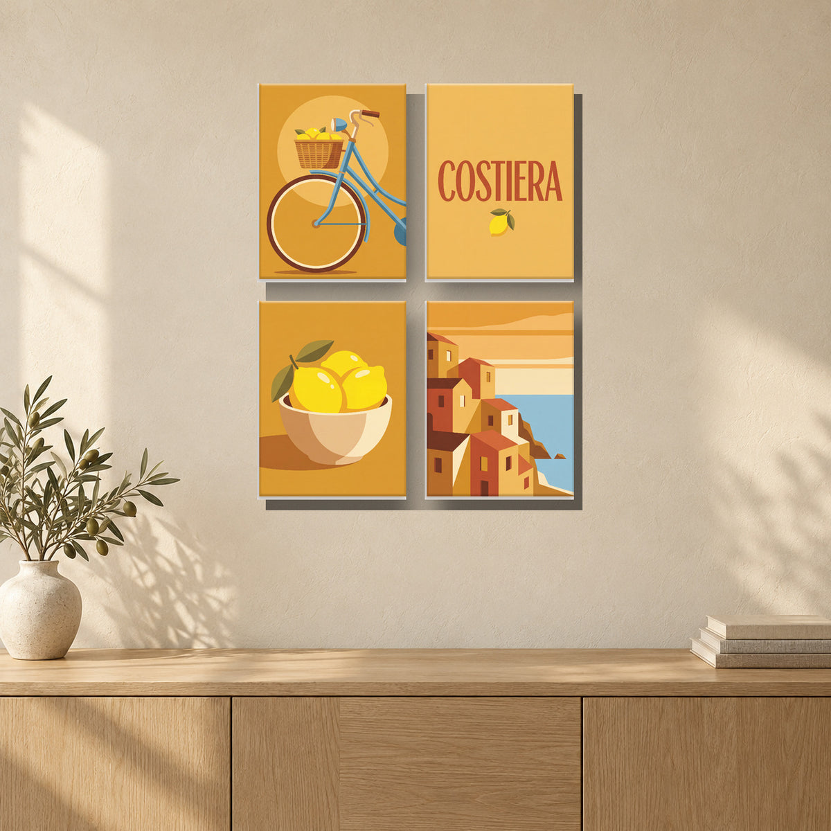 Coffret de 4 peintures par numéro Côte Amalfitaine, mini-toiles présentées au mur, Maison Artsen