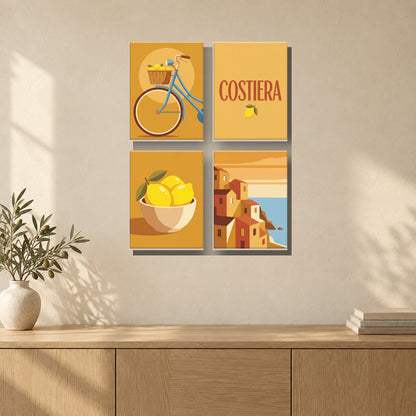 Coffret de 4 peintures par numéro Côte Amalfitaine, mini-toiles présentées au mur, Maison Artsen