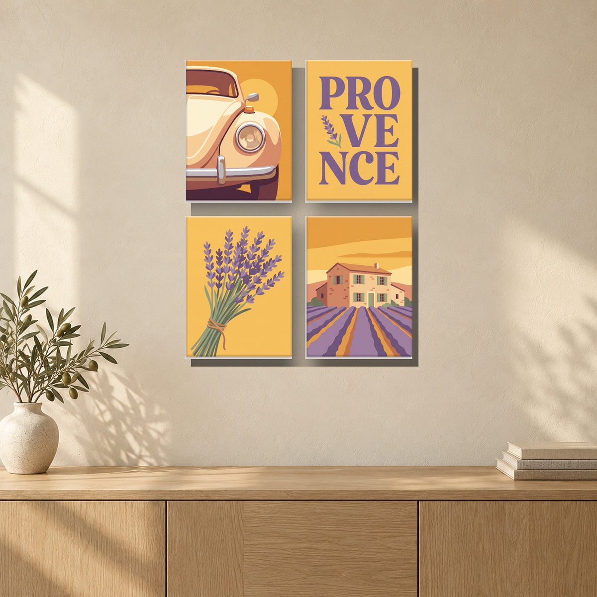 Coffret de 4 peintures par numéro Escapade en Provence, mini-toiles présentées au mur, Maison Artsen
