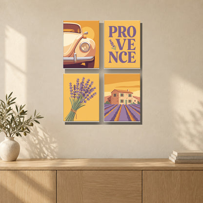 Coffret de 4 peintures par numéro Escapade en Provence, mini-toiles présentées au mur, Maison Artsen