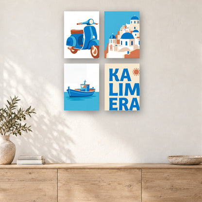Coffret de 4 peintures par numéro Échappée Grecque, mini-toiles présentées au mur, Maison Artsen