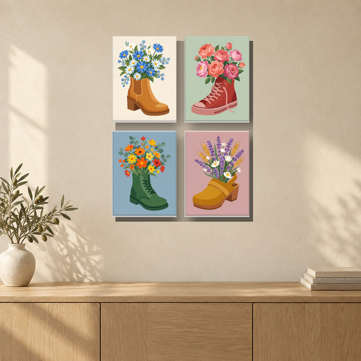 Coffret de 4 peintures par numéro Bottes en Fleurs, mini-toiles présentées au mur, Maison Artsen