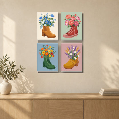 Coffret de 4 peintures par numéro Bottes en Fleurs, mini-toiles présentées au mur, Maison Artsen
