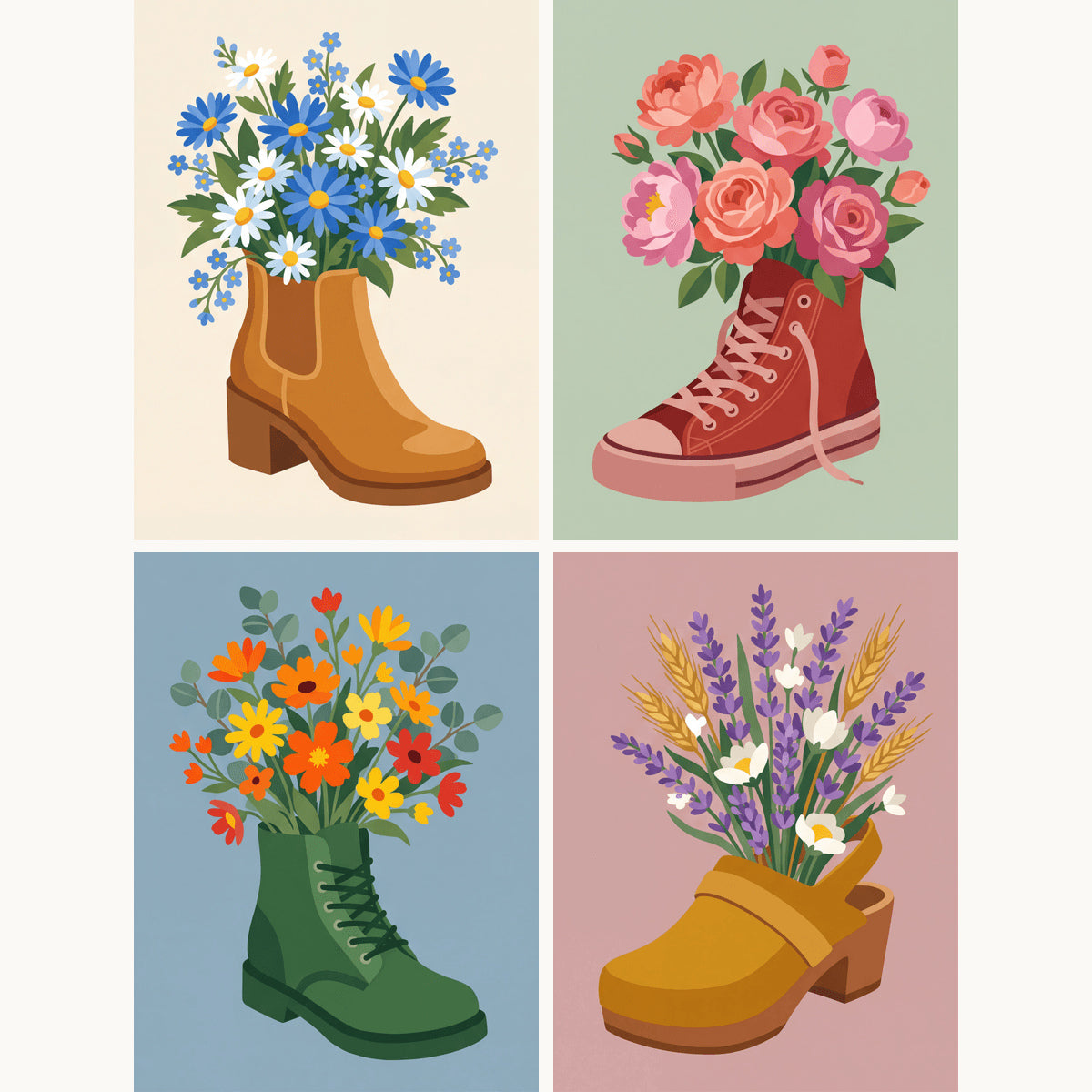Coffret de 4 peintures par numéro Bottes en Fleurs, les mini-toiles à plat, Maison Artsen