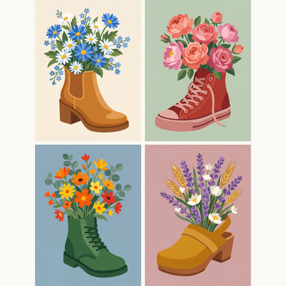 Coffret de 4 peintures par numéro Bottes en Fleurs, les mini-toiles à plat, Maison Artsen