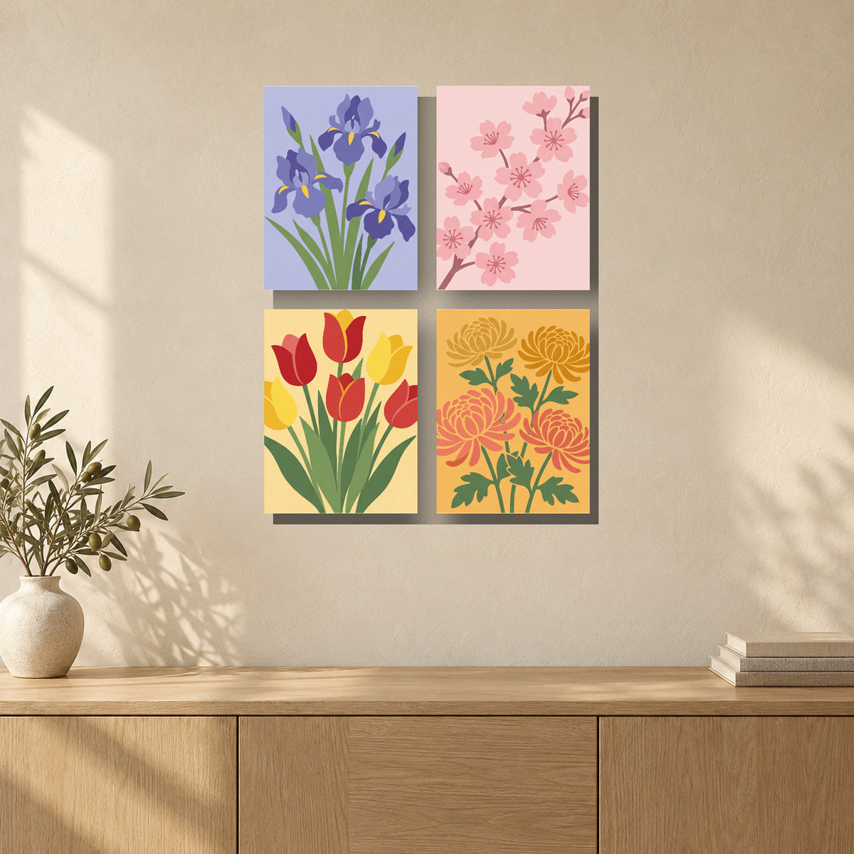 Coffret de 4 peintures par numéro Étals de Fleuristes, mini-toiles présentées au mur, Maison Artsen