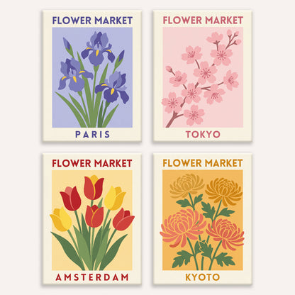 Coffret de 4 peintures par numéro Étals de Fleuristes, les mini-toiles à plat, Maison Artsen