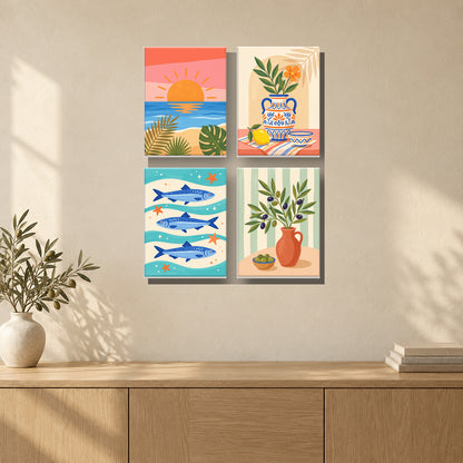 Coffret de 4 peintures par numéro Nature Morte Méditerranéenne, mini-toiles présentées au mur, Maison Artsen