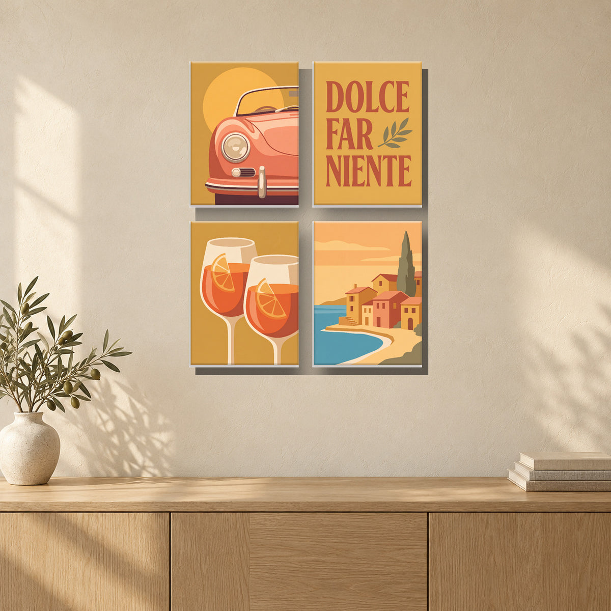 Coffret de 4 peintures par numéro Dolce Far Niente, mini-toiles présentées au mur, Maison Artsen