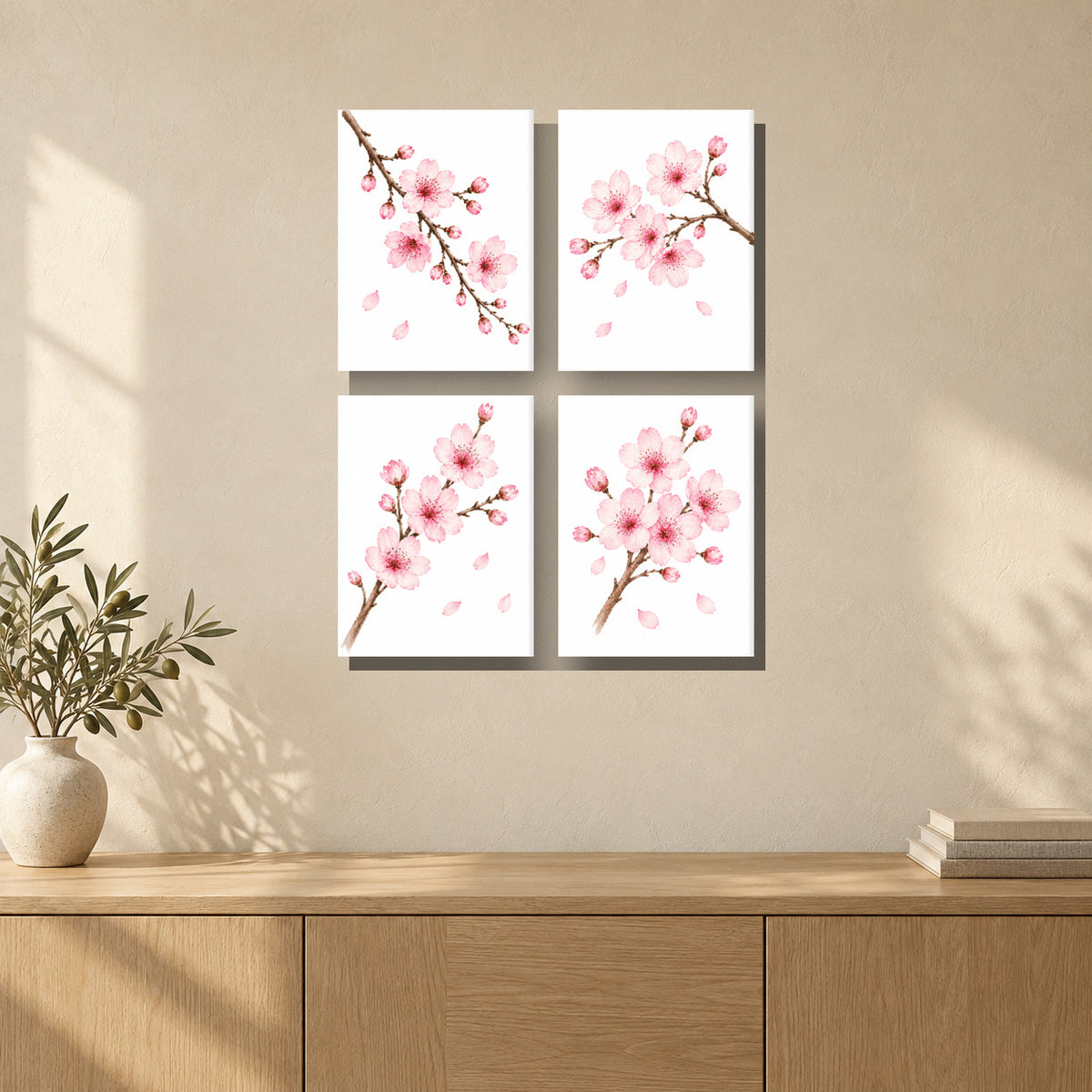 Coffret de 4 peintures par numéro Fleurs de Cerisier, mini-toiles présentées au mur, Maison Artsen