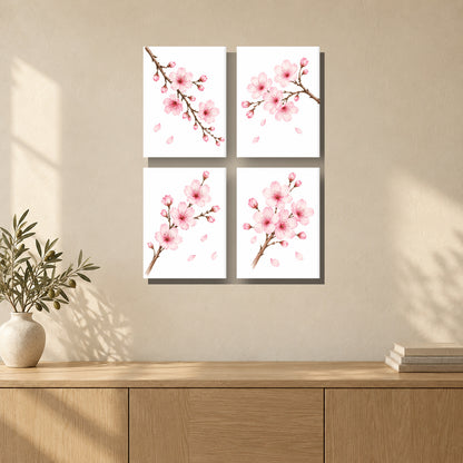 Coffret de 4 peintures par numéro Fleurs de Cerisier, mini-toiles présentées au mur, Maison Artsen