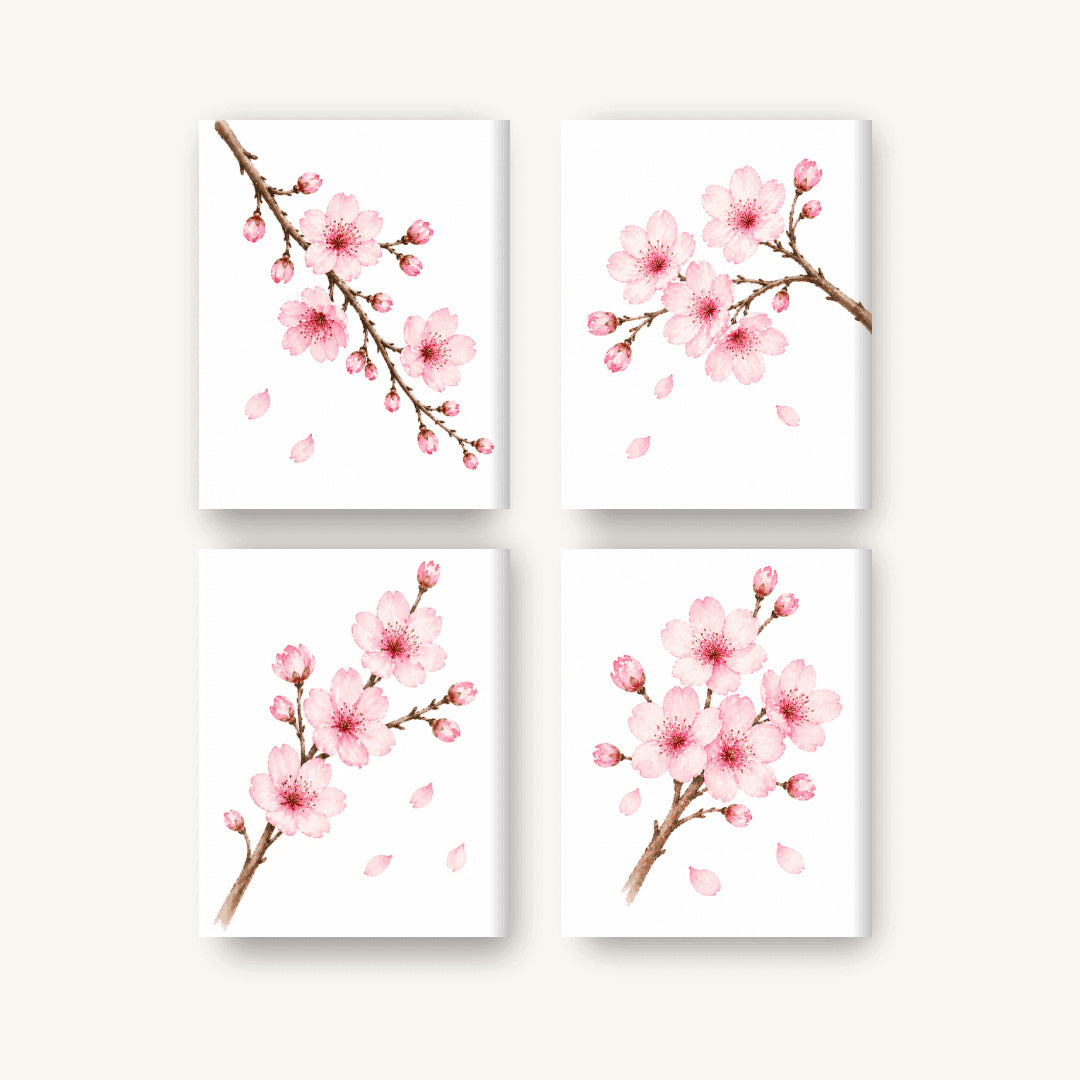 Coffret de 4 peintures par numéro Fleurs de Cerisier, les mini-toiles à plat, Maison Artsen