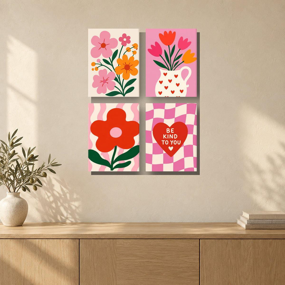 Coffret de 4 peintures par numéro Amour en Fleurs, mini-toiles présentées au mur, Maison Artsen