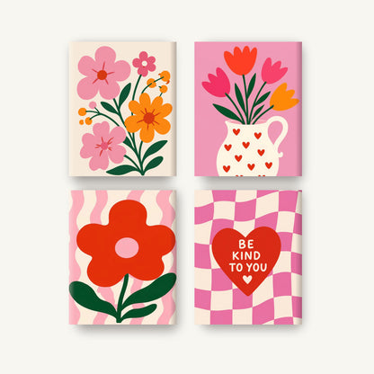 Coffret de 4 peintures par numéro Amour en Fleurs, les mini-toiles à plat, Maison Artsen