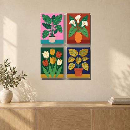 Coffret de 4 peintures par numéro Plantes et Tulipes Graphiques, mini-toiles présentées au mur, Maison Artsen