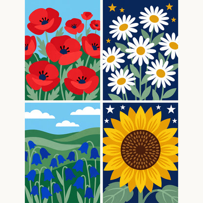 Coffret de 4 peintures par numéro Fleurs des Prés, les mini-toiles à plat, Maison Artsen