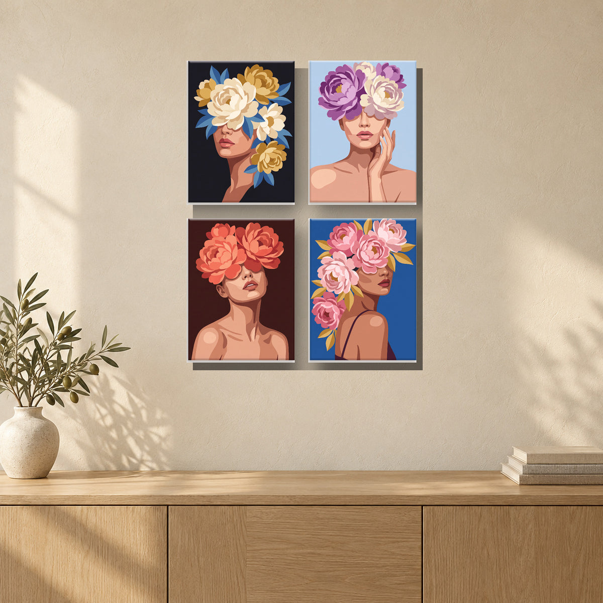 Coffret de 4 peintures par numéro Beauté en Fleurs, mini-toiles présentées au mur, Maison Artsen