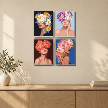Coffret de 4 peintures par numéro Beauté en Fleurs, mini-toiles présentées au mur, Maison Artsen