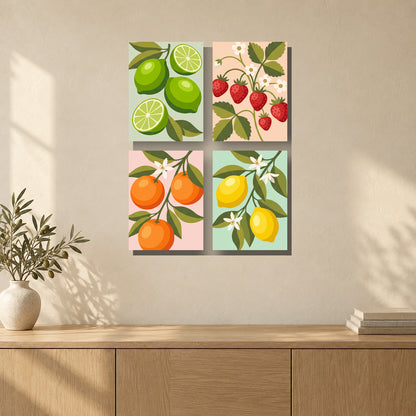 Coffret de 4 peintures par numéro Agrumes et Fraises, mini-toiles présentées au mur, Maison Artsen