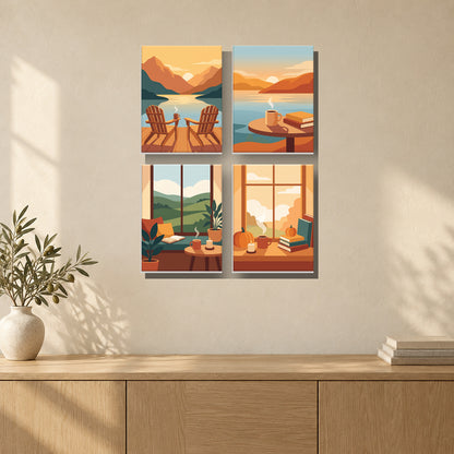 Coffret de 4 peintures par numéro Un Instant Paisible, mini-toiles présentées au mur, Maison Artsen