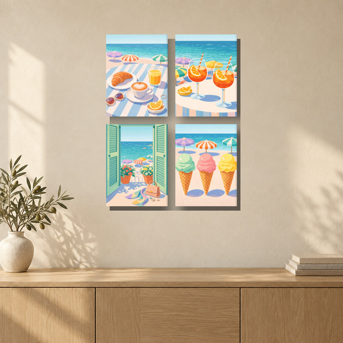 Coffret de 4 peintures par numéro Été à la Plage, mini-toiles présentées au mur, Maison Artsen