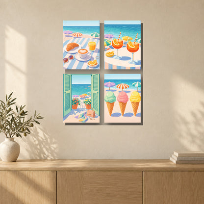 Coffret de 4 peintures par numéro Été à la Plage, mini-toiles présentées au mur, Maison Artsen