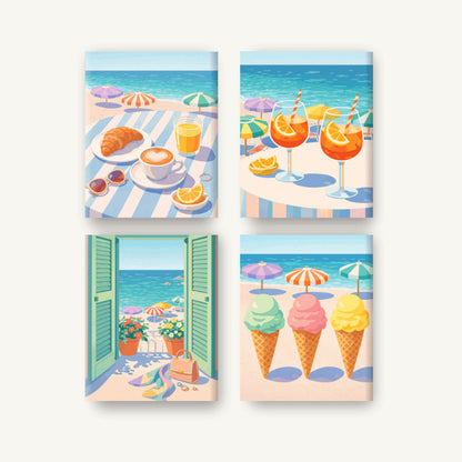 Coffret de 4 peintures par numéro Été à la Plage, les mini-toiles à plat, Maison Artsen