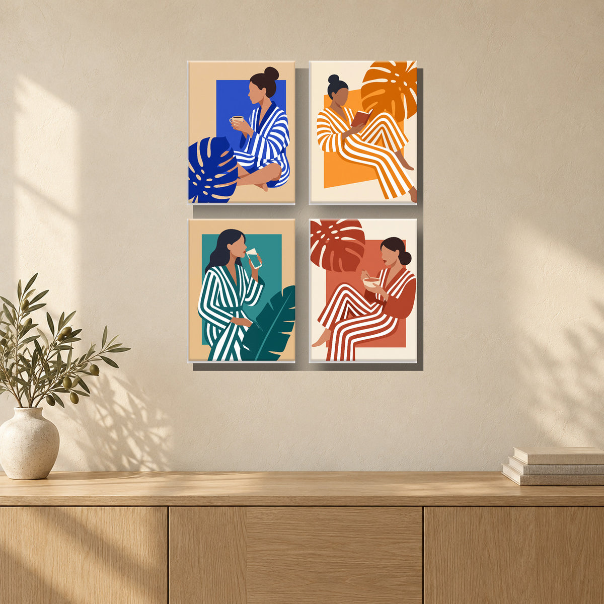Coffret de 4 peintures par numéro Dimanche Tranquille, mini-toiles présentées au mur, Maison Artsen