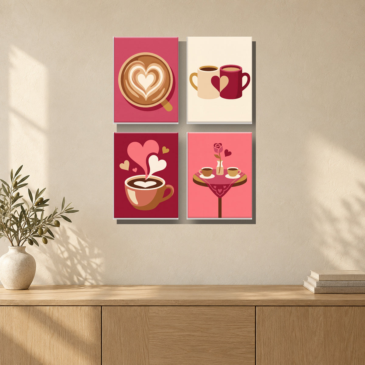 Coffret de 4 peintures par numéro Amoureux du Café, mini-toiles présentées au mur, Maison Artsen