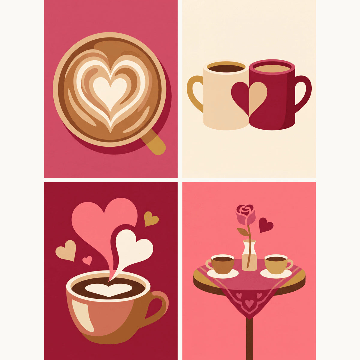Coffret de 4 peintures par numéro Amoureux du Café, les mini-toiles à plat, Maison Artsen