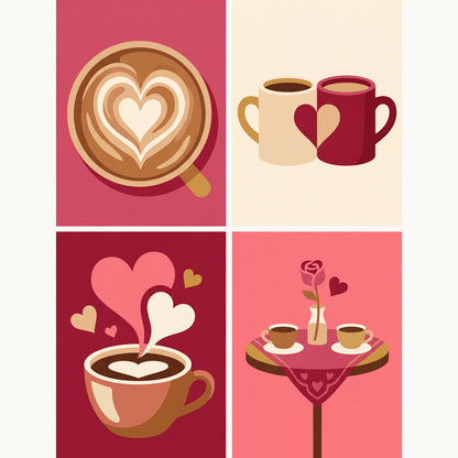 Coffret de 4 peintures par numéro Amoureux du Café, les mini-toiles à plat, Maison Artsen