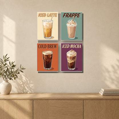 Coffret de 4 peintures par numéro Cafés Glacés, mini-toiles présentées au mur, Maison Artsen